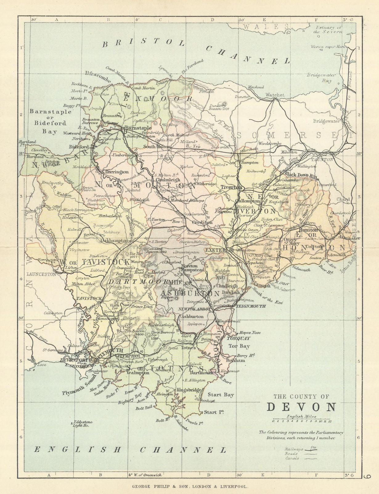 DEVONSHIRE. Antique county map. Railways canals. Constituencies. PHILIP 1889